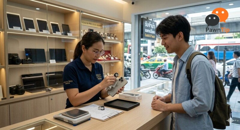แนะนำร้านรับจำนำไอโฟน แถวลาดพร้าว เลือกยังไงให้ได้ราคาดีและปลอดภัย 4 พนักงานร้านรับจำนำไอโฟนแถวลาดพร้าวกำลังประเมินราคาเครื่องให้ลูกค้า บริการโปร่งใส รวดเร็ว และปลอดภัย