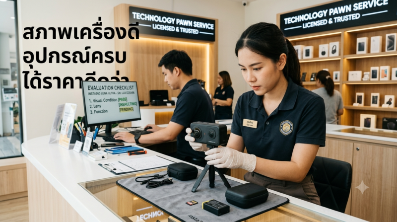 จำนำ Insta360 Luna Ultra แต่ละ Bundle ได้เงินเท่าไหร่? เช็กราคาก่อนจำนำให้คุ้มที่สุด 2 พนักงานร้านกำลังตรวจสอบสภาพกล้อง Insta360 Luna Ultra ก่อนประเมินราคาจำนำ